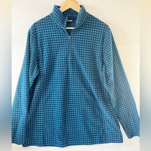 Lands' End Blue Houndstooth 1/4 Zip Fleece Pullover Women's XL Apres Ski Fleece